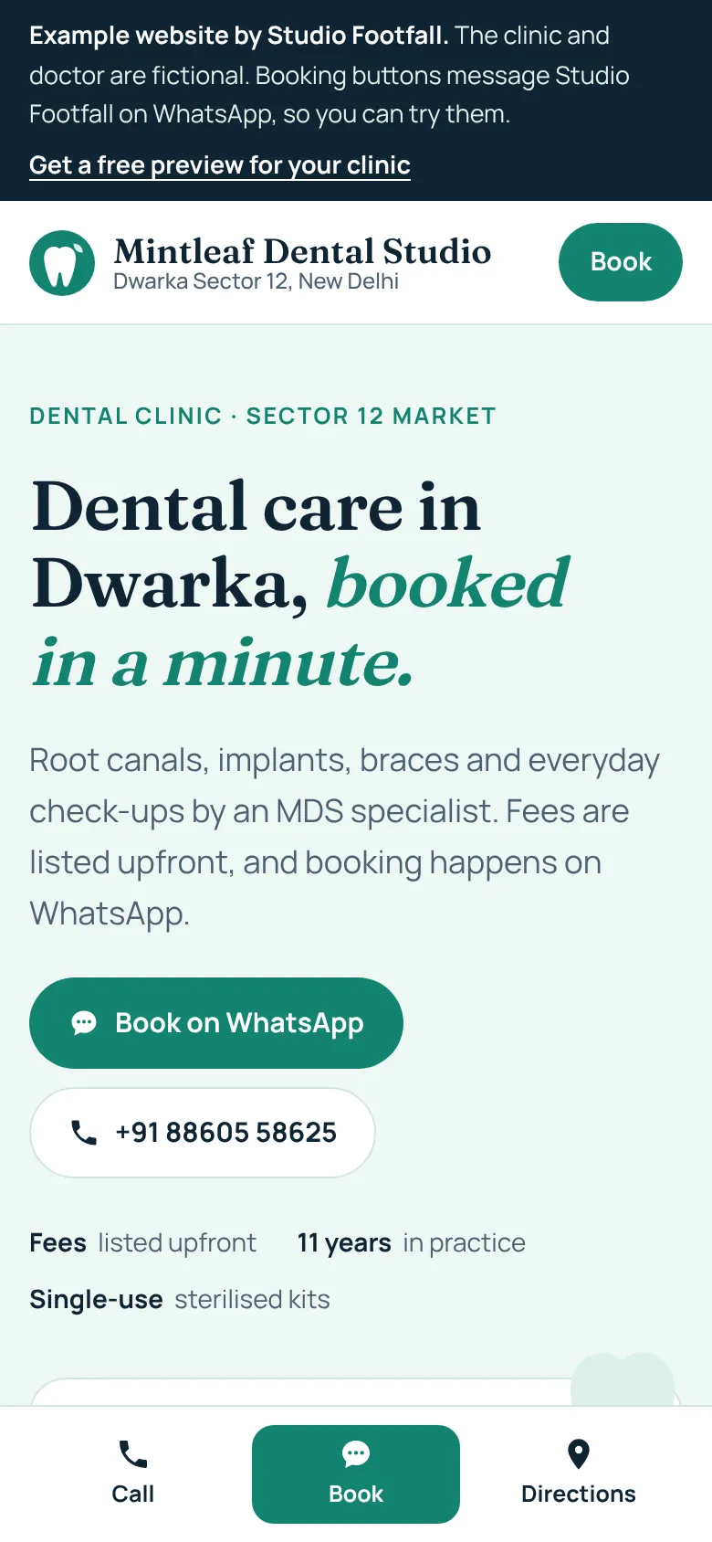 The Mintleaf Dental Studio example website on a phone, with a button to book on WhatsApp