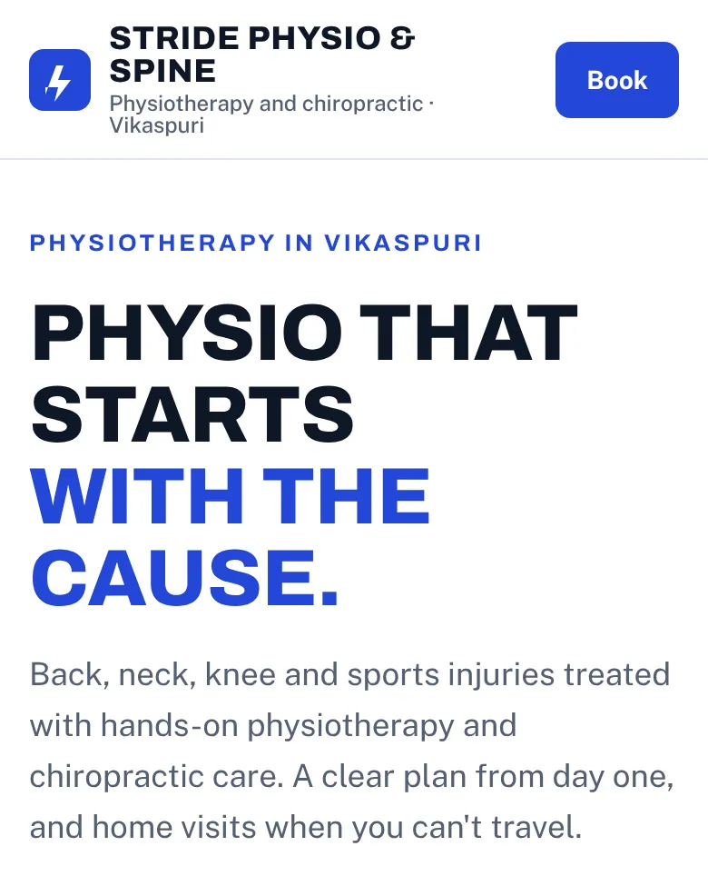 Stride Physio and Spine example homepage on a phone